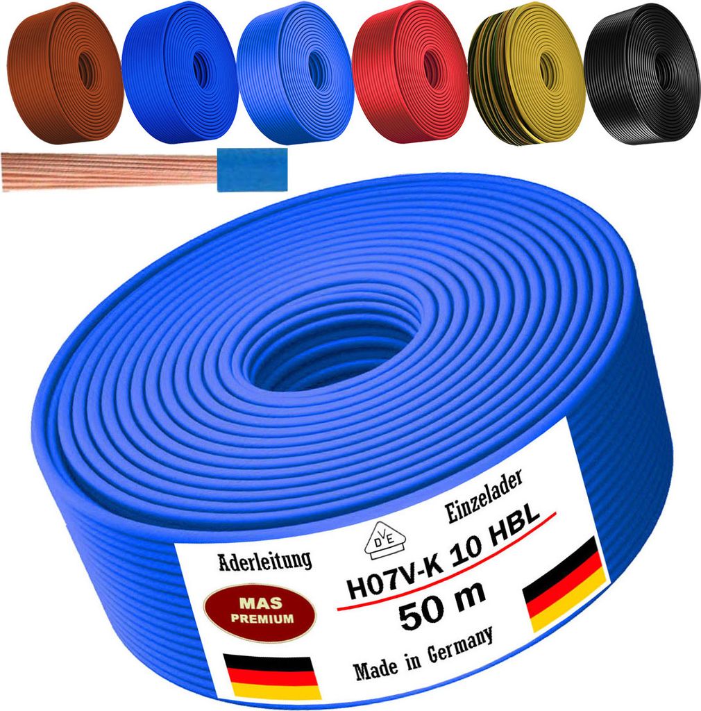 50m Aderleitung H07 V-K HBL 1x10 mm² Hellblau Einzelader flexibel