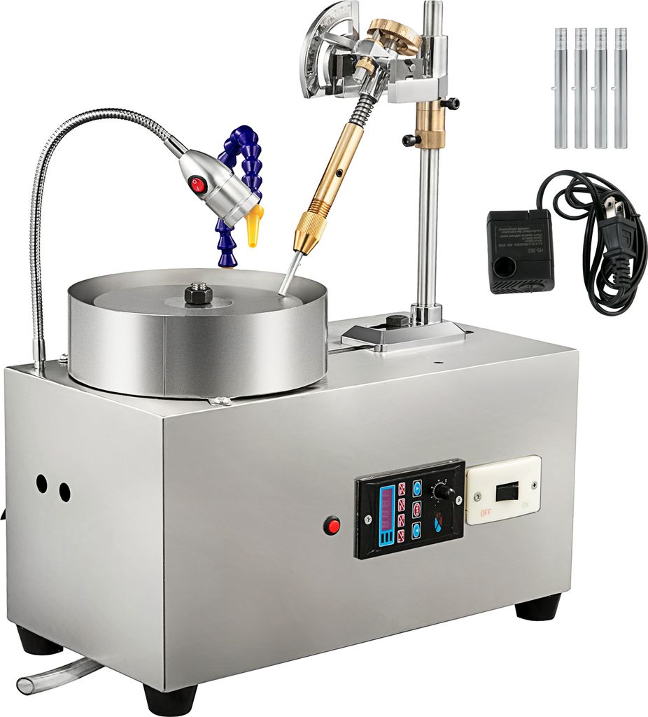 A jewelry polishing and faceting machine with accessories.