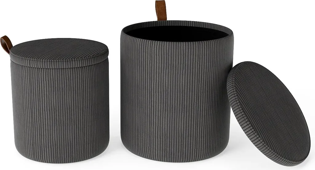 Pouf de rangement rond gigogne en velours gris pour salon et chambre