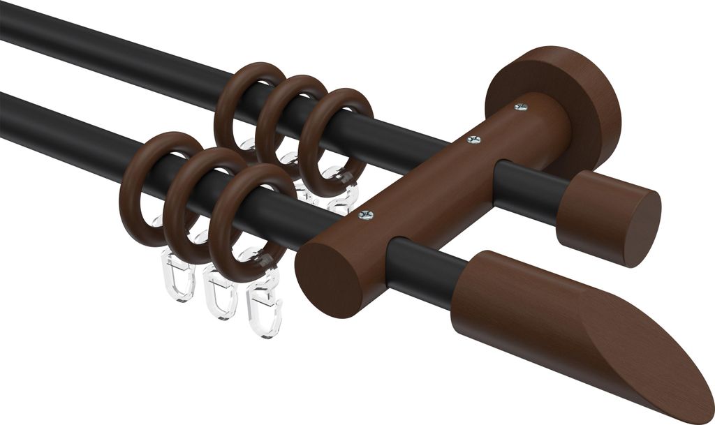 Interdeco Gardinenstange / Vorhangstange Schwarz / Nussbaum lackiert, Typ Adrian Franca (Schräge), 16 mm Ø 2-läufig, 100 cm