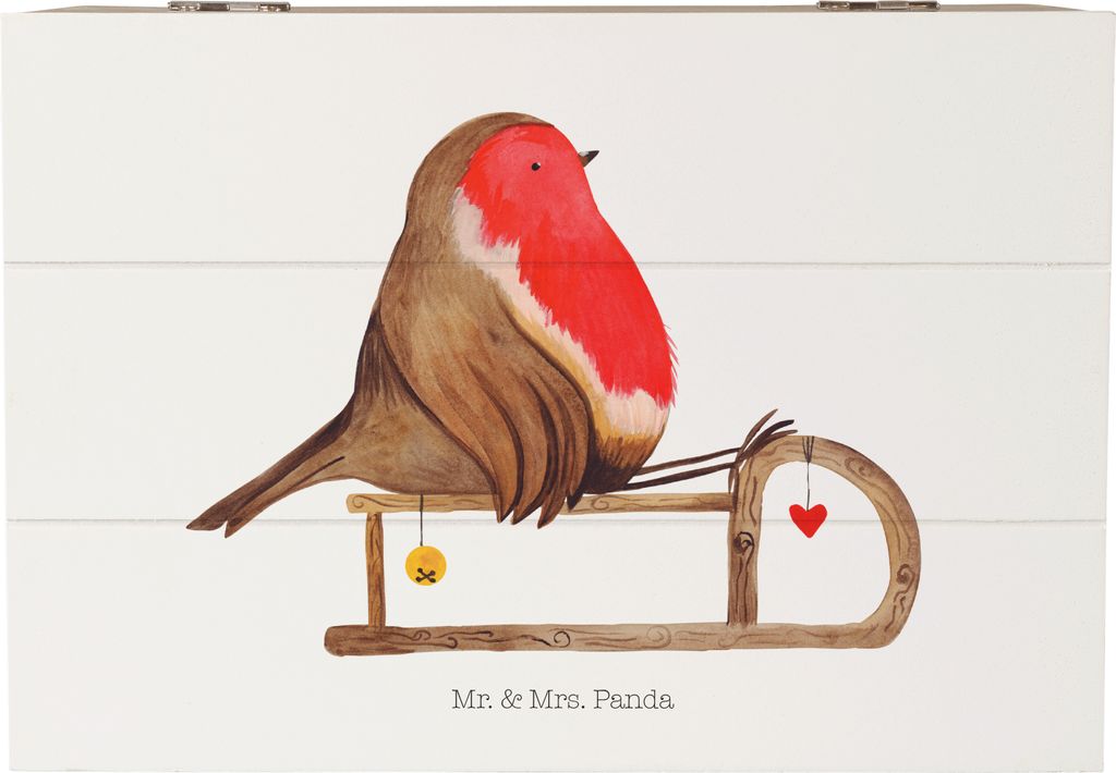 Mr. & Mrs. Panda Kiste Rotkehlchen Schlitten 22 x 15 cm - Weiß - Geschenk, Vogel, Holz Aufbewahrungsbox, fotokiste, Weihnachten, truhe, Holzkiste,...