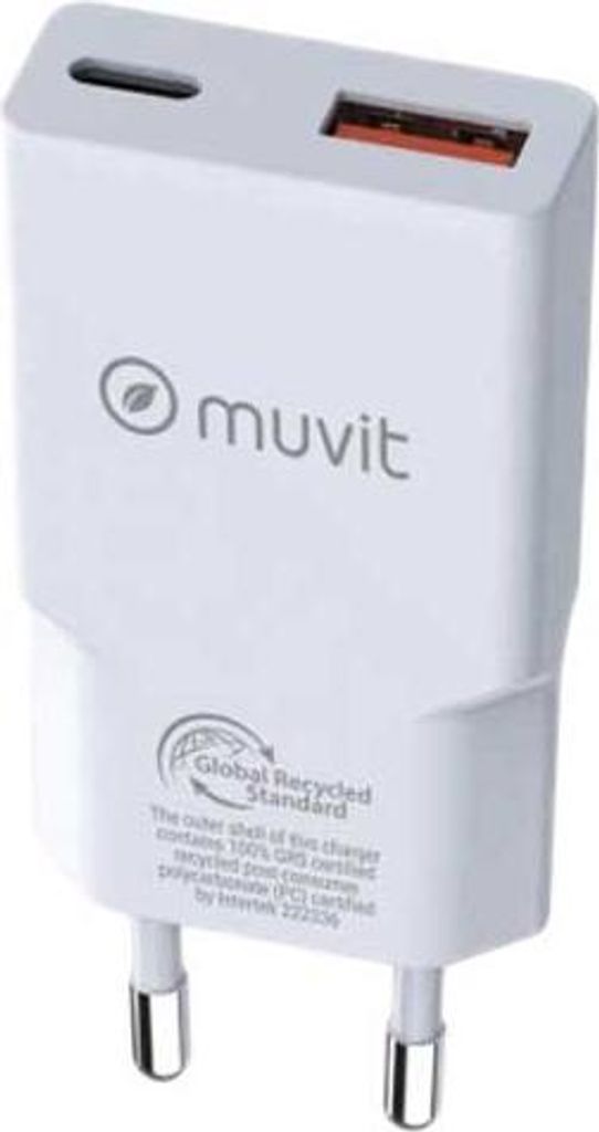 Muvit for change charger de wall slim 1 usb qc 3.0 18w+1 type c pd 30w blanco