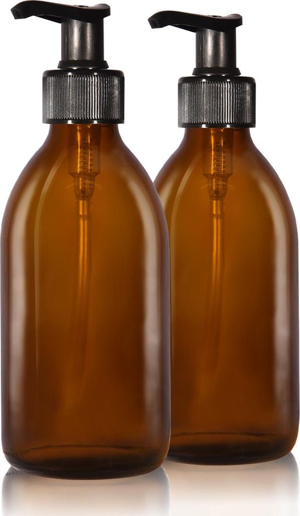 Oputec 2 x 250 ml Seifenspender aus Glas – Shampoo-Flaschen zum Befüllen Duschgel-Spender Pumpspender aus Braunglas – Küche und Badezimmer