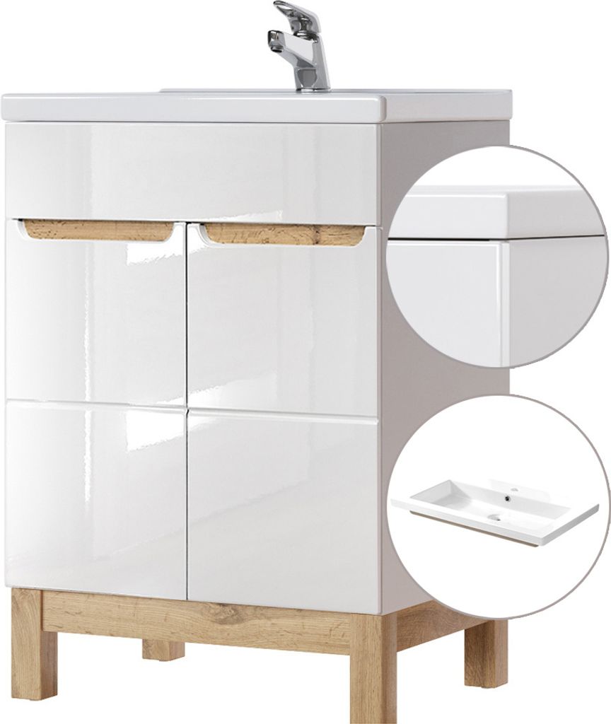 Waschtischunterschrank inkl. 61cm Keramikbecken SOLNA-56 Hochglanz weiß mit Wotaneiche, B x H x T ca. 61 x 85 x 46cm