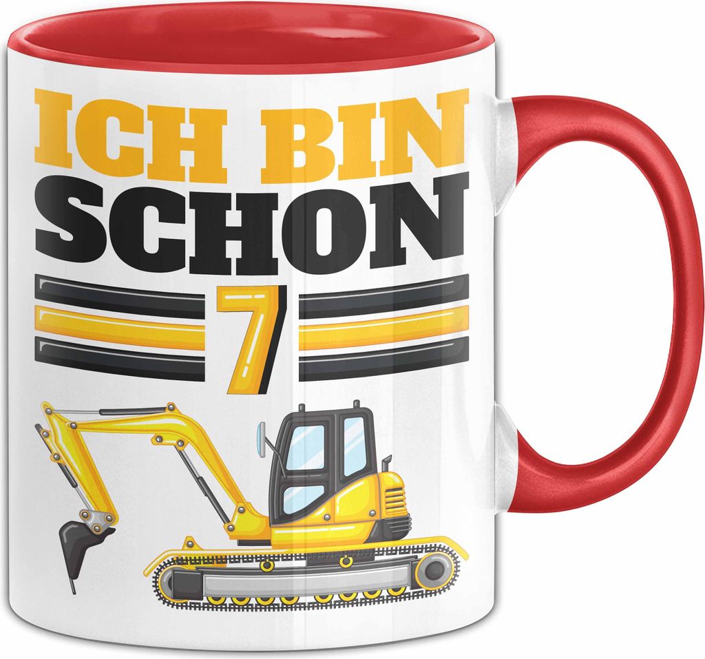 7. Geburtstag Geschenk Tasse Becher Jungs Bagger Ich Bin Schon 7 (Rot)