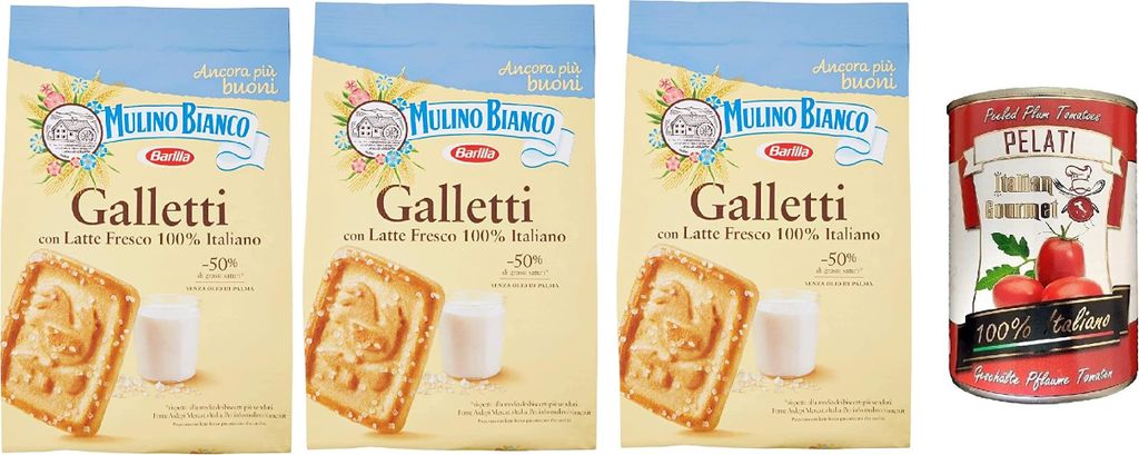 Mulino Bianco Galletti Kekse italien biscuits cookies 3x 350g + Italian Gourmet 100% italienische geschälte Tomaten dosen 400g