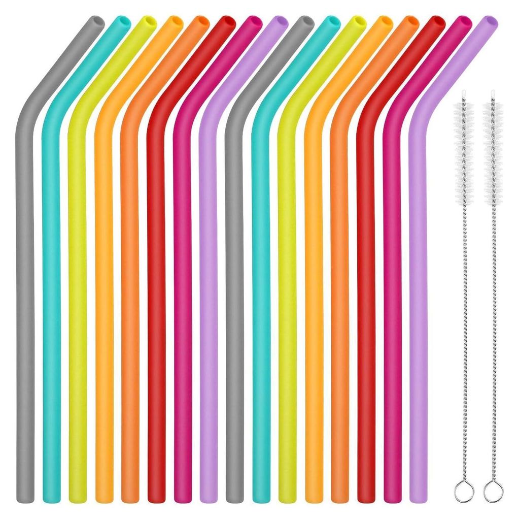 16er Set Bunte Silikon Strohhalme mit Reinigungsbürste Produktbild 