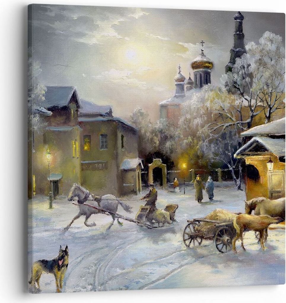 Bild auf Leinwand - Leinwandbild - Dorf Schlitten Schnee - 40x40cm - Wand Bild - Wanddeko - Leinwanddruck - Bilder - Kunstdruck - Wanddekoration - ...