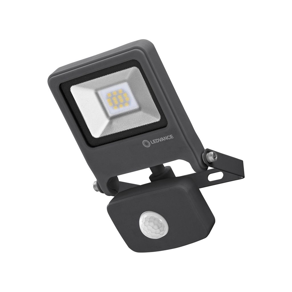 A dark gray LED floodlight with a motion sensor is shown against a white background.