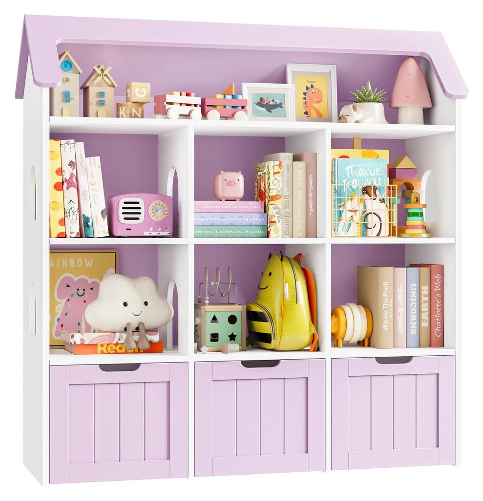 Kinder Spielzeug Aufbewahrung Regal - Bücherregal Hausform - 7 offene Fächer 3 Schubladen - Mit Rollen - Holz - 120x33x117,5 cm - Rosa