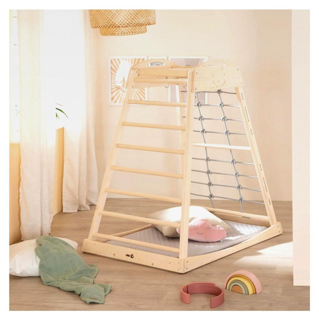 Indoor Spielturm aus Holz - Montessori Klettergerüst mit Sprossen, Kletterseil und Turnringen - Ab 24 Monaten geeignet - Mit Massivholzschaukel - ...