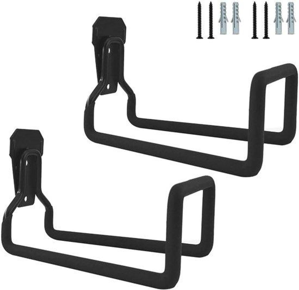 Set aus zwei flexiblen Wandhaltern für Gartengeräte, optimiert für effiziente Lagerung und Platzsparende Lösung.
