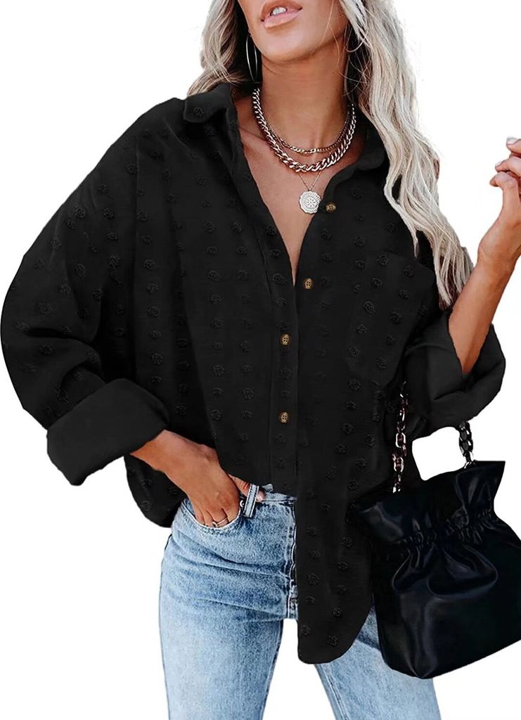 ASKSA Damen Chiffon Bluse Langarm Hemd V-Ausschnitt Knopfleiste Pom Pom Tops mit Taschen, Schwarz, S