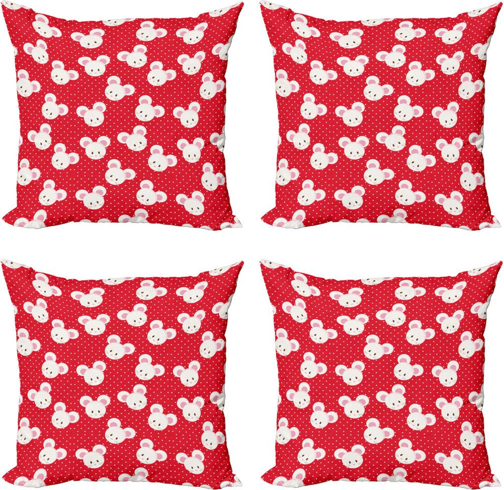 ABAKUHAUS Maus Kissenbezug Set (4 Stück), Tier auf Warm-Tupfen, Moderner Doppelseitiger Digitaldruck, 40 cm x 40 cm, Dark Pink und Weiß