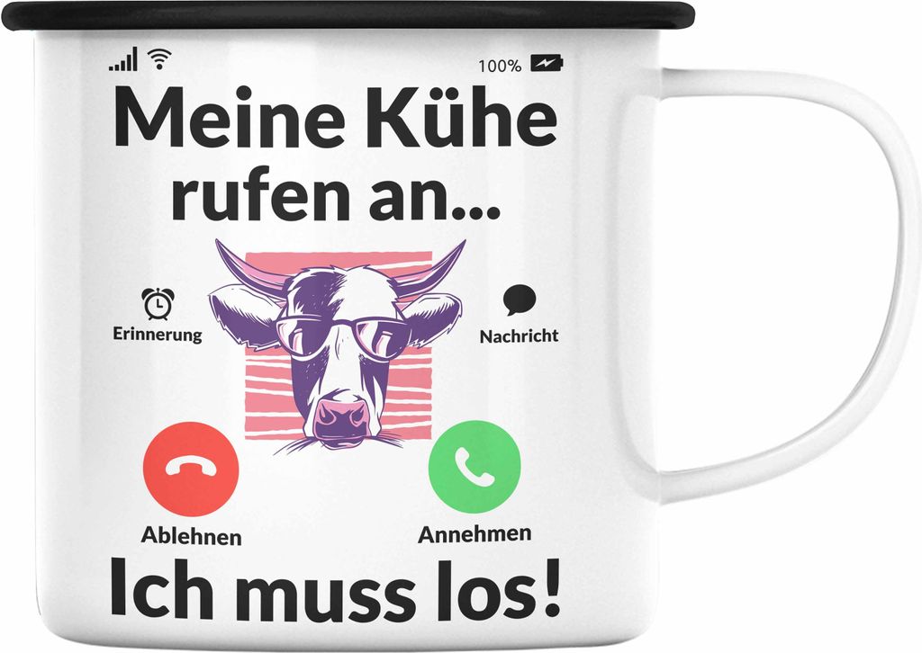 Trendation - Meine Kühe Rufen An Emaille Tasse Geschenk Landwirt Bauer Geschenkidee Landwirtin Kuh Grafik (Schwarz)