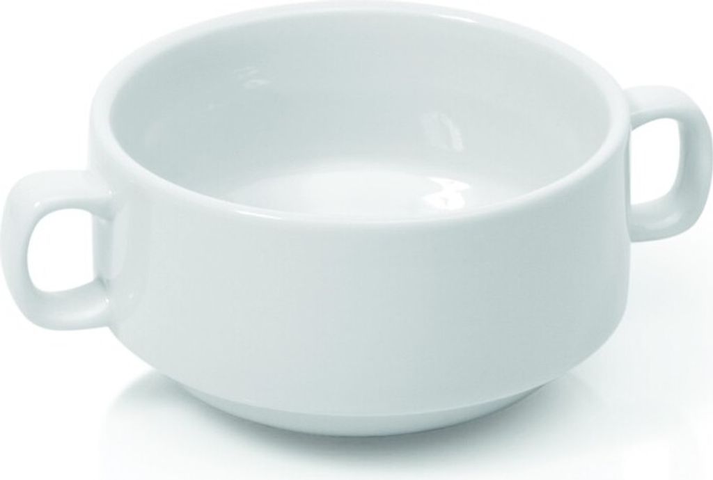 A white ceramic soup bowl with two handles is shown against a white background.