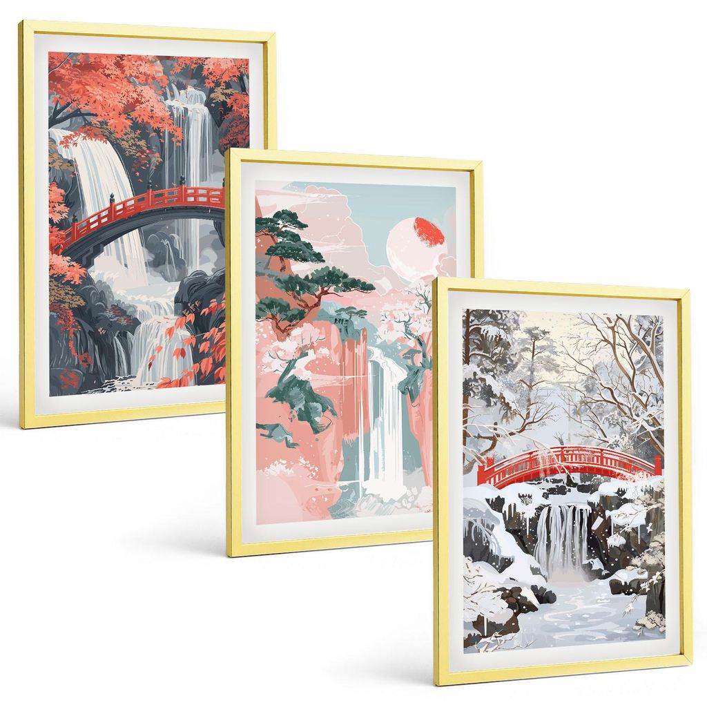 Bilder Set 3-teilig im Goldrahmen Rahmen – Wandbilder 3 Stück – gerahmte Poster für Wohnzimmer, Schlafzimmer und Flur – 40x60 cm – Wasser...