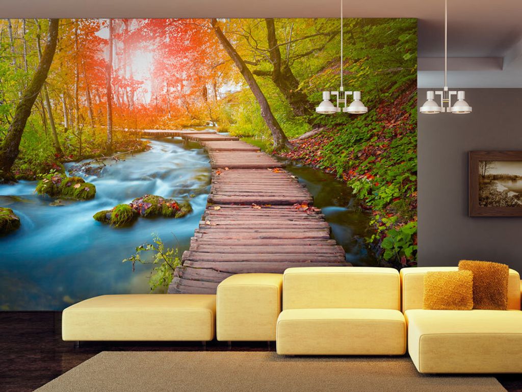 Vlies Fototapete Wasserfall Brücke 400x280 cm Tapeten Wandtapete XXL Landschaft Natur grün c-A-0068-a-d
