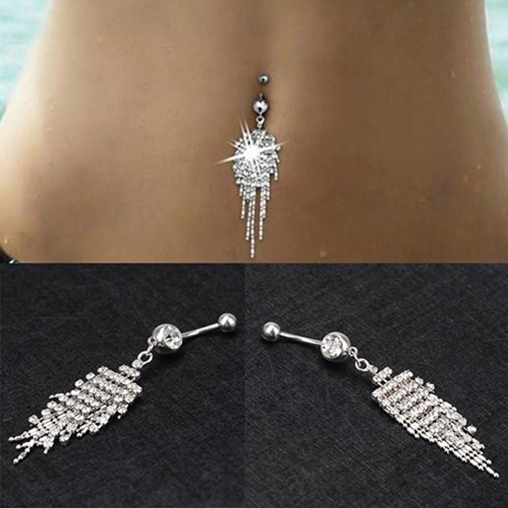 1 Stück glänzende Strass-Quaste mit langer Kette, baumelnder Nabel-Bauchnabelring