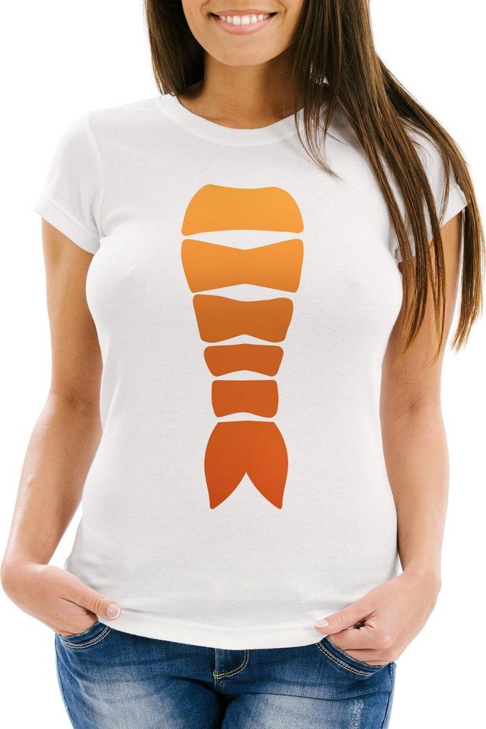 Damen T-Shirt Sushi Kostüm Fasching Karneval Verkleidung Shrimp Garnele Nigiri Moonworks Karneval Notarzt 1 weiß S