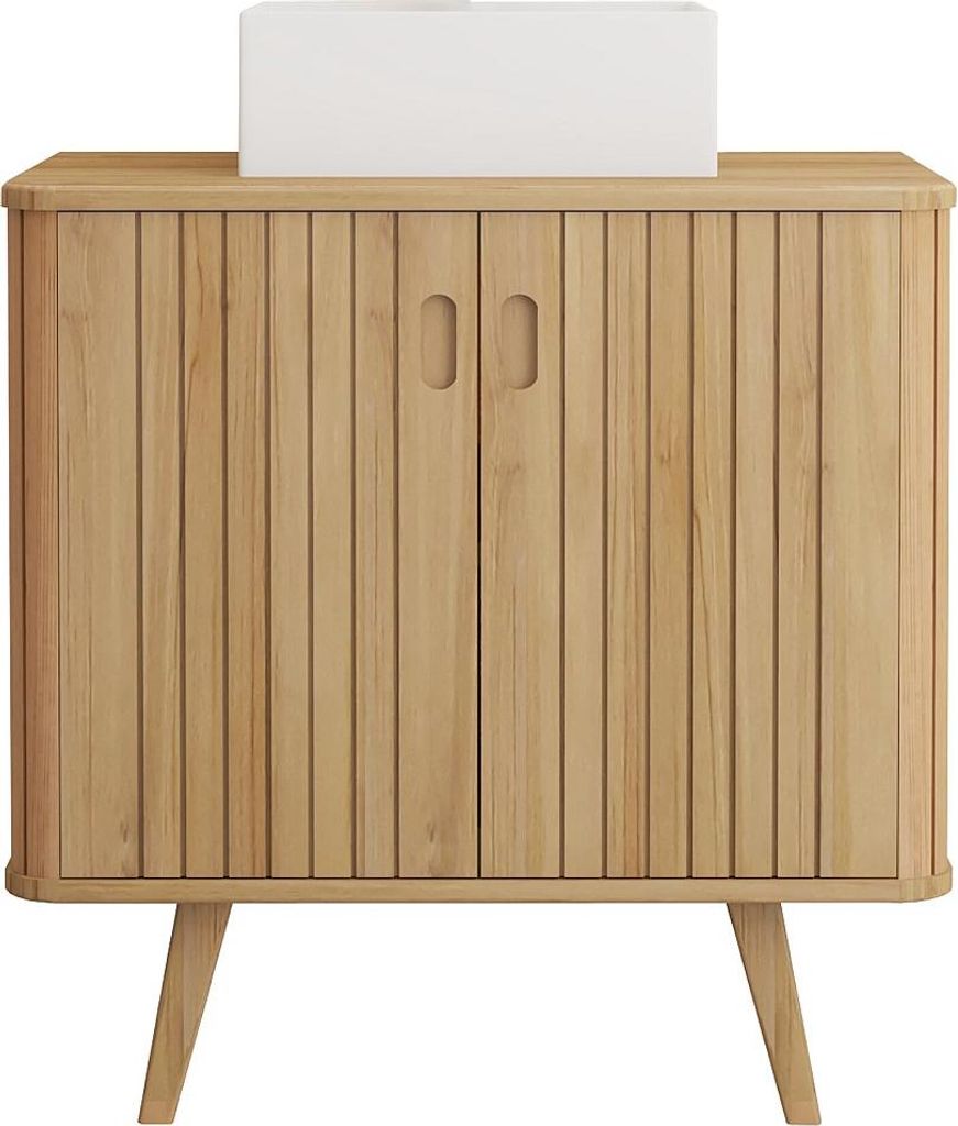 Waschbeckenunterschrank auf Füßen aus Teak mit Aufsatzwaschbecken quadratisch aus Keramik - 80 cm - WAMENA