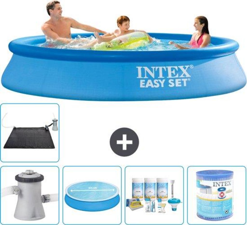 Opblaasbaar Rond Zwembad - 305 x 61 cm - Blauw - Solarzeil - Onderhoudspakket - Filter - Solar Mat - Vloertegels
