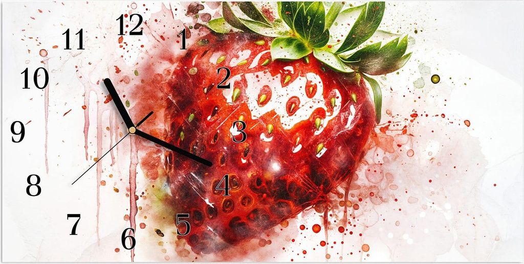 Wanduhr aus Glas mit Motiv Erdbeerkunstwerk- 60 x 30 cm - inkl. Aufhängesystem