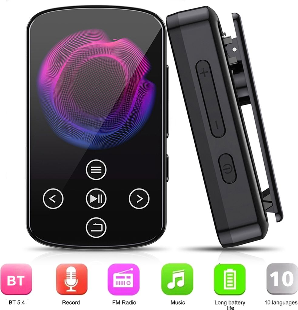 64GB MP3 Player Bluetooth 5.4 mit Lautsprecher und Backclip 1,5" High-Clear-Touchscreen FM-Radio Sprachrekorder für Sport MP3-Player