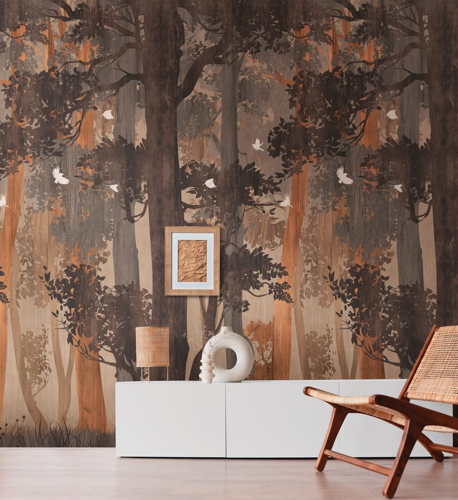 NEWROOM Tapete Braun Vliestapete Wald - Wandbild Modern Beige Orange Bäume Vögel Tapete Floral Waldtapete