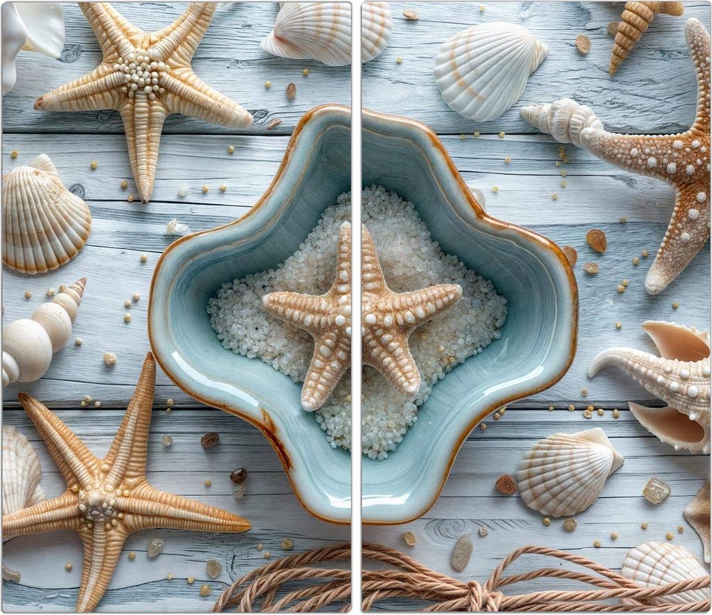 Spritzschutz Herdabdeckplatte Schneidebrett aus Glas Muscheldeko Sternform 2-Teilig (60x52cm)