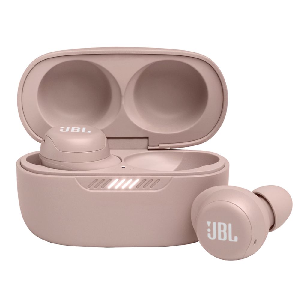 A pair of pink JBL wireless earbuds with their charging case.