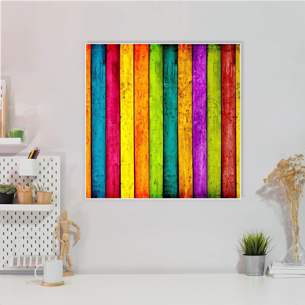 Design Stahlmagnettafel Quadratisch 50x50cm Bunte Holzlatten
