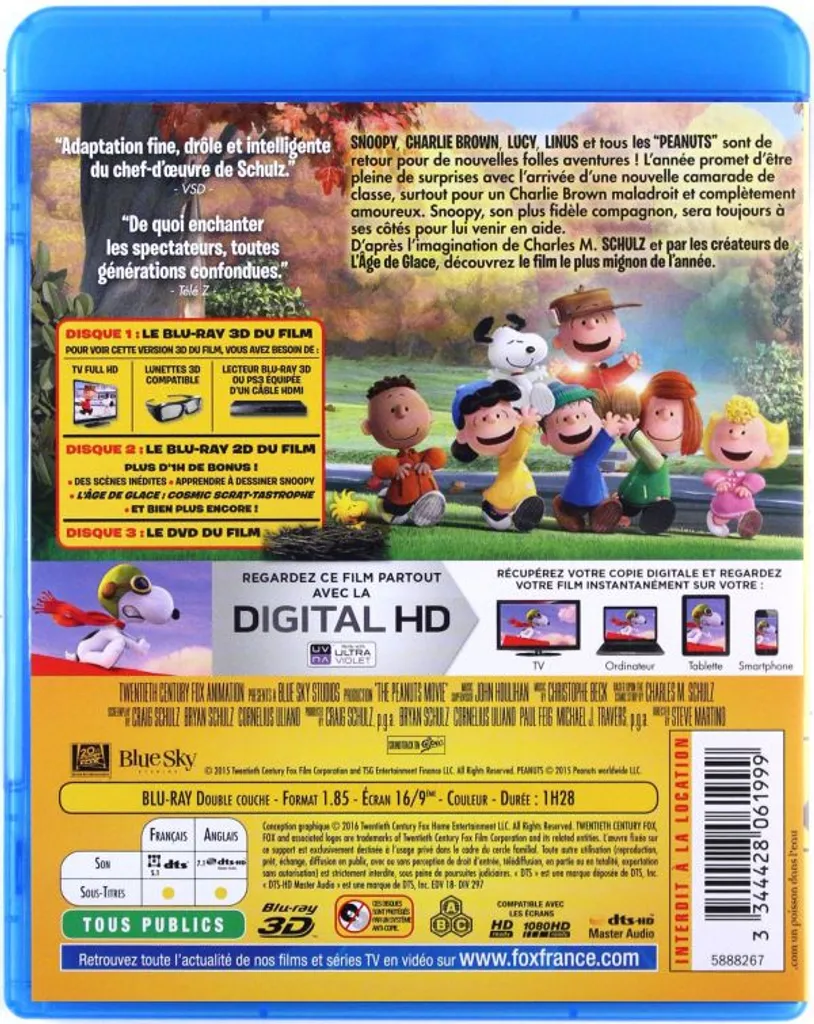 Les Peanuts Blu-ray 3D avec Version DVD - Haute Définition et Image 3D - 2