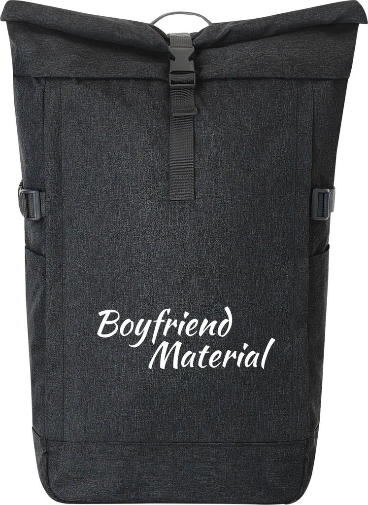 Huuraa Kurierrucksack Boyfriend Material Schriftzug 30-44 Liter Black Melange Fairtrade Rolltop Rucksack Geschenkidee