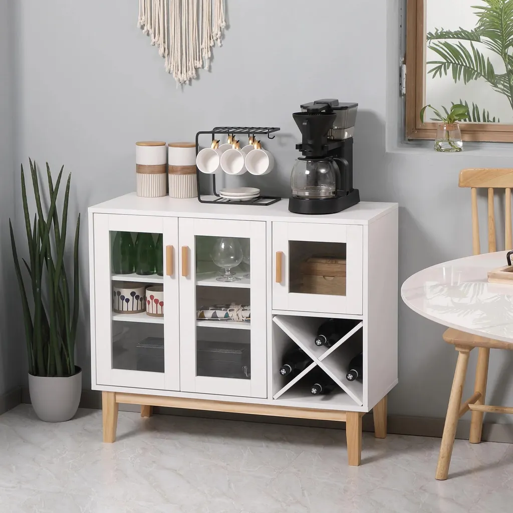 Buffet bas de cuisine design blanc et bois avec porte-bouteilles intégré - 2