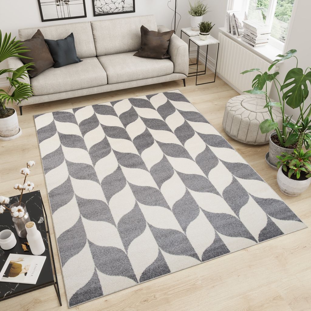 Teppich Wohnzimmer Schlafzimmer Kurzflor Modern Design Geometrisch Marokkanisch Karo Blatt Kariert Grau Creme 200 x 290 cm