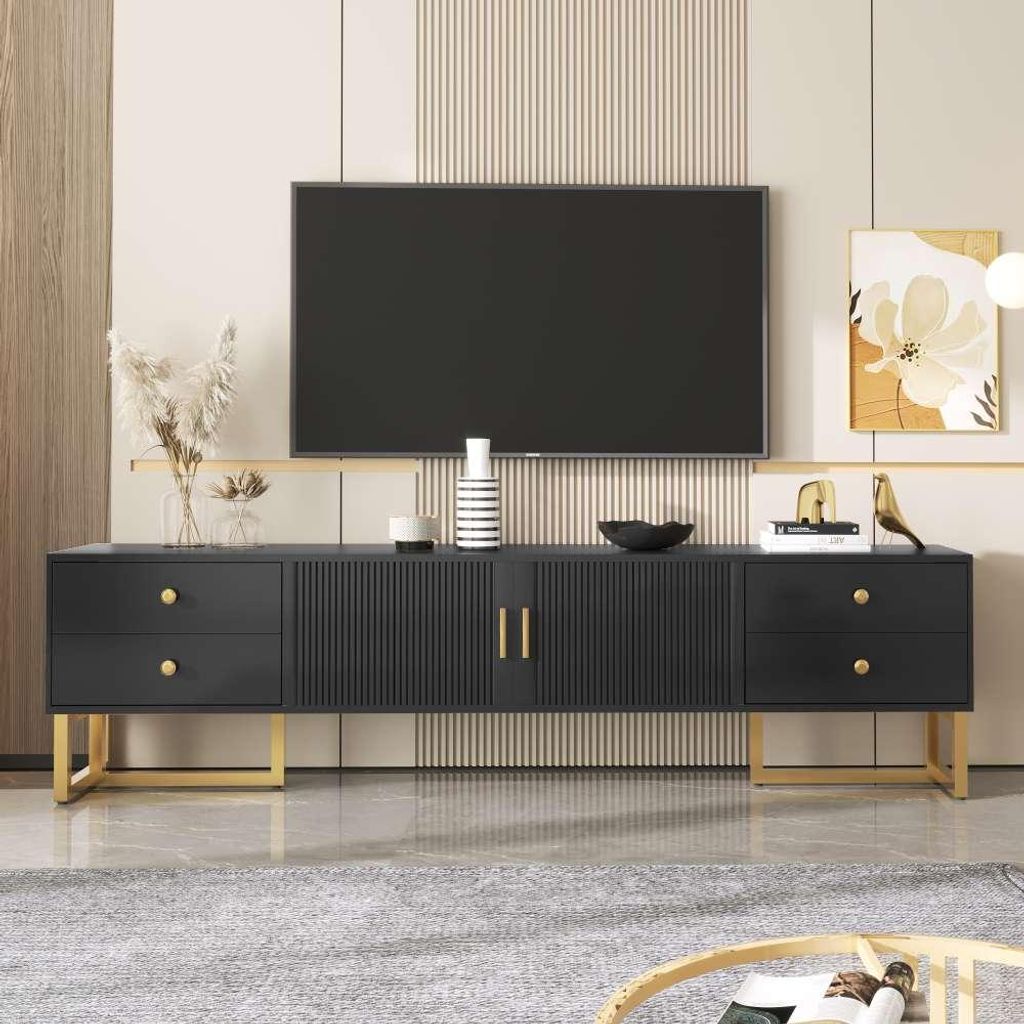 AIORBER Moderner TV-Schrank mit Goldenen Griffen und Füßen, Niedriges Paneel mit Schubladen – Weiße MDF-Oberfläche, 175 cm