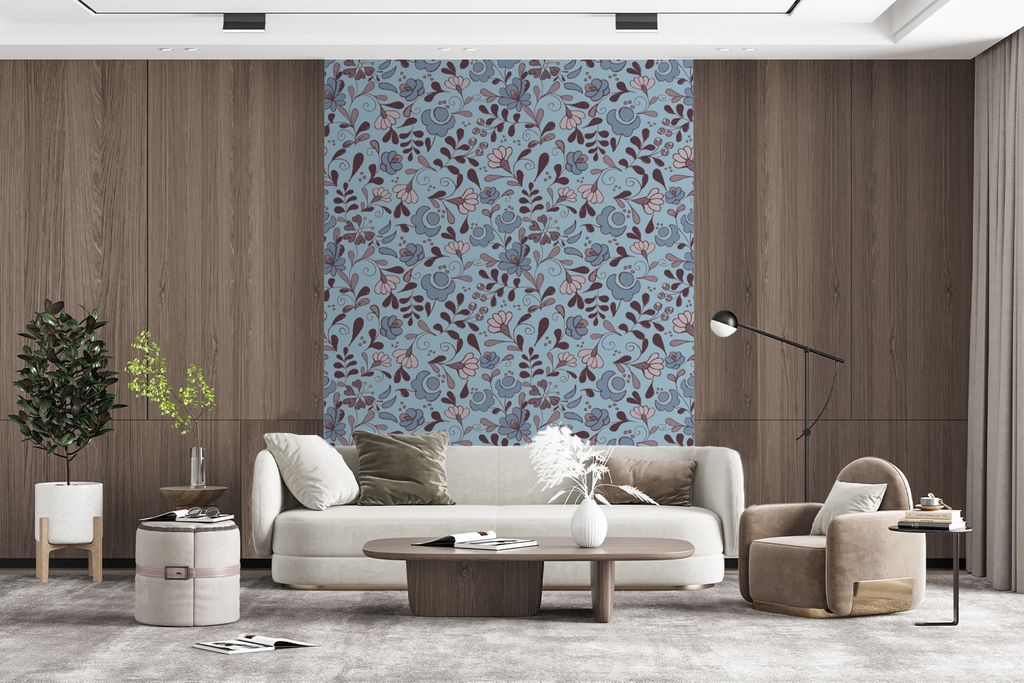 MuchoWow Fototapete für Wohnzimmer oder Schlafzimmer Wandtapete Vinyl Motivtapete Muster - Blume - Grau - Blau - 195x260 cm - Wandbild
