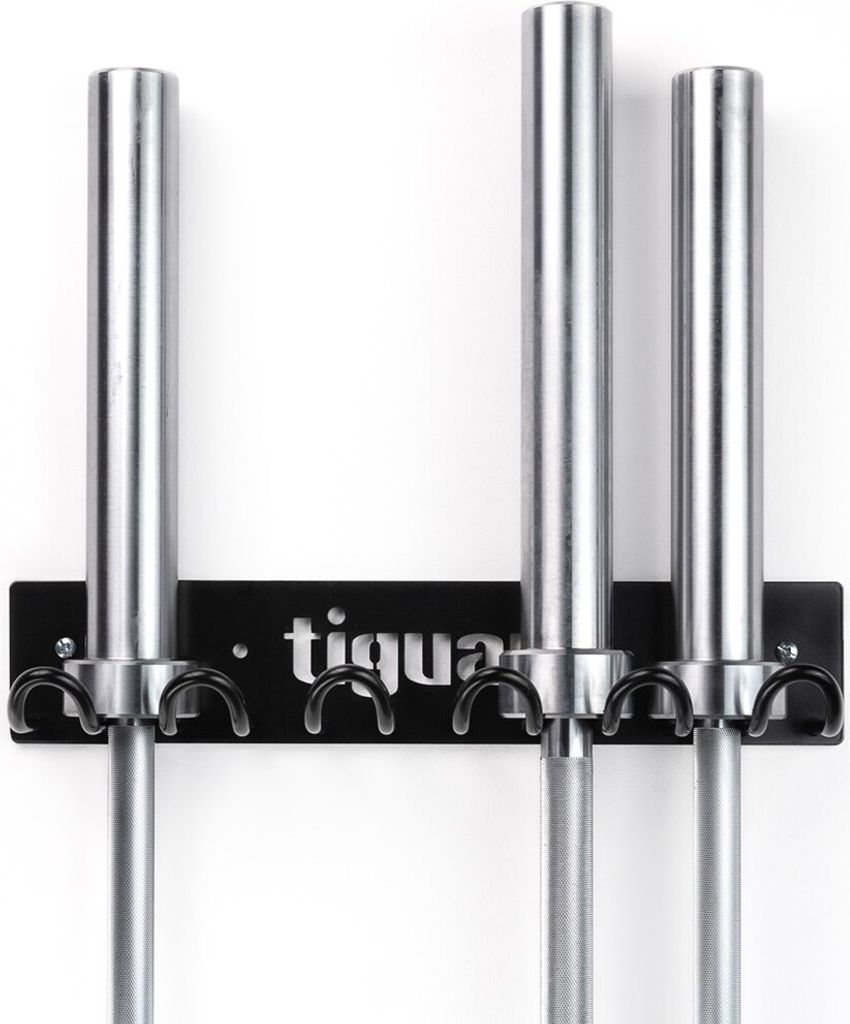 tiguar Bar Hanger Wandhalterung für 5 Langhanteln, Wandhalter aus Stahl, platzsparende Aufbewahrung von Hantelstangen, bis 150 kg Tragkraft, Schwarz