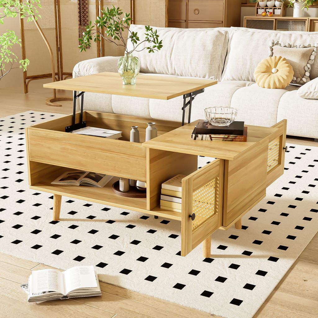 A modern wooden coffee table with a lift-top is placed in a living room setting.