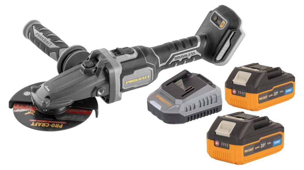 Procraft Industrial AG125Cbb Akku Flachkopf Winkelschleifer 20 V 125 mm Brushless + 2x Akku 4,0 Ah + Ladegerät