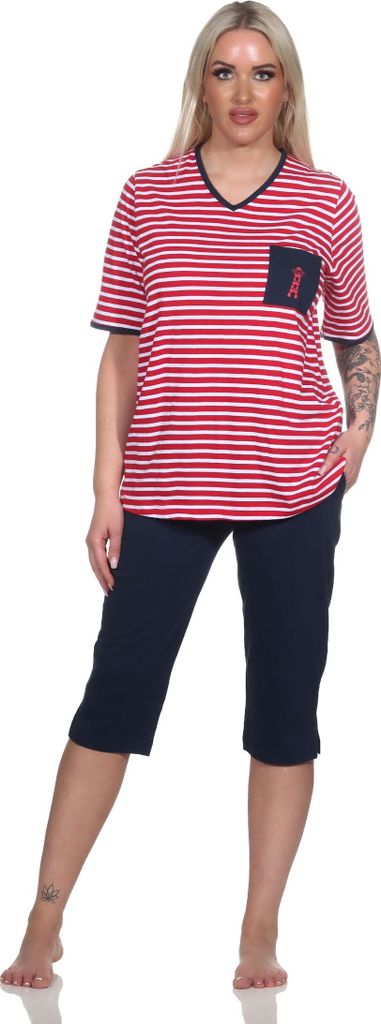 Damen Kurzarm Capri Pyjama in maritimer Optik und Leuchtturm Motiv – auch in Übergrössen ; rot , 44