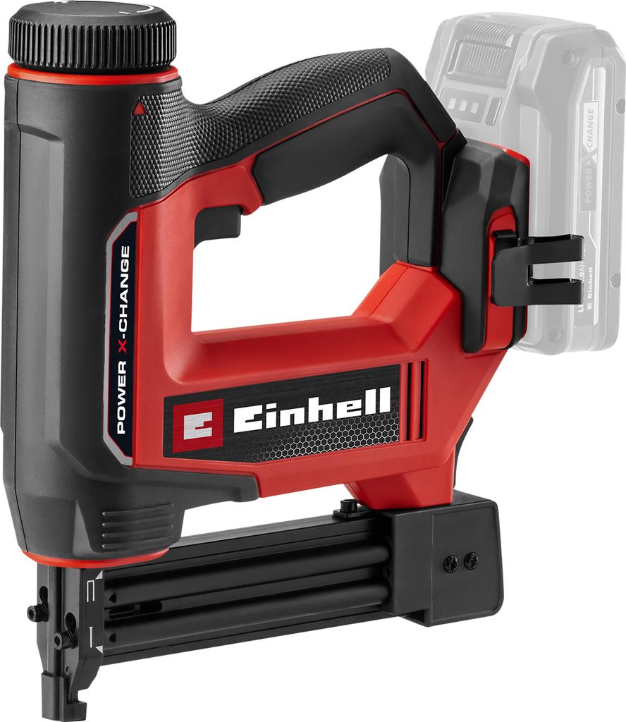 A cordless nail gun with a battery pack attached.