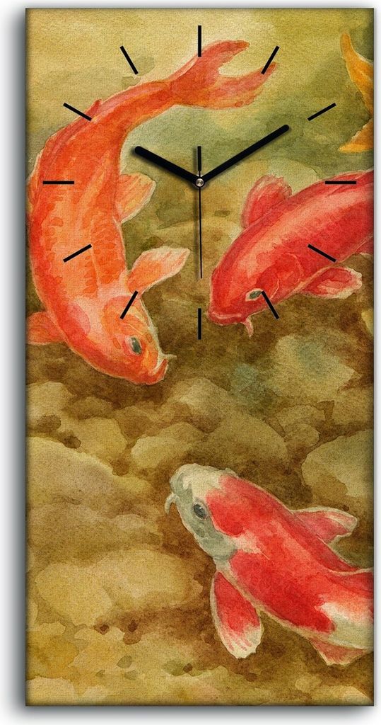 Wanduhr Leinwand Bild Uhr Kunstdruck 30x60 Aquarell Fisch Zierkarpfen Gold rot - schwarze Hände