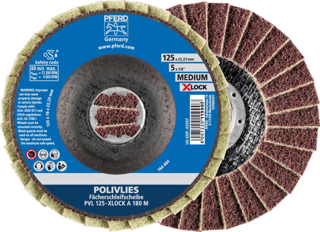 PFERD TOOLS POLIVLIES-Fächerscheibe PVL Korund Ø 125 mm Bohrung 22,23 mm/X-LOCK A180M für Feinschliff 5 Stk