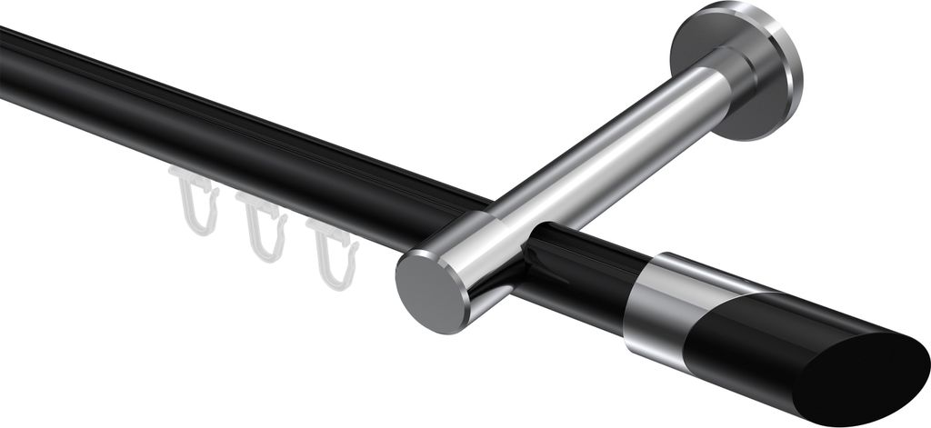 Interdeco Innenlaufstange / Gardinenstange mit Innenlauf Schwarz / Chrom, Typ Prestige Verano (Schräge Bicolor), 20 mm Ø 1-läufig, 160 cm