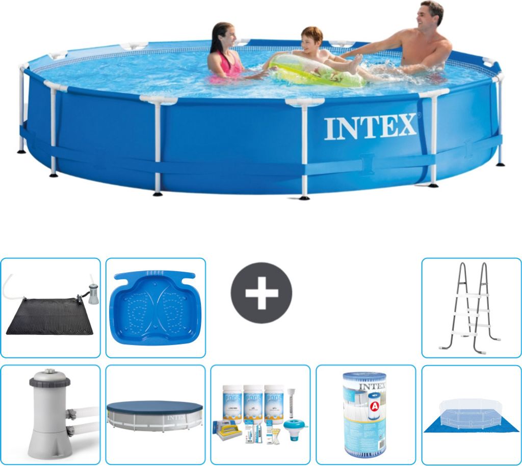 Intex Rundrahmen-Schwimmbecken – 366 x 76 cm – Blau – inklusive Pumpe Abdeckung - Wartungspaket - Filter - Bodenplane - Solarmatte - Leiter