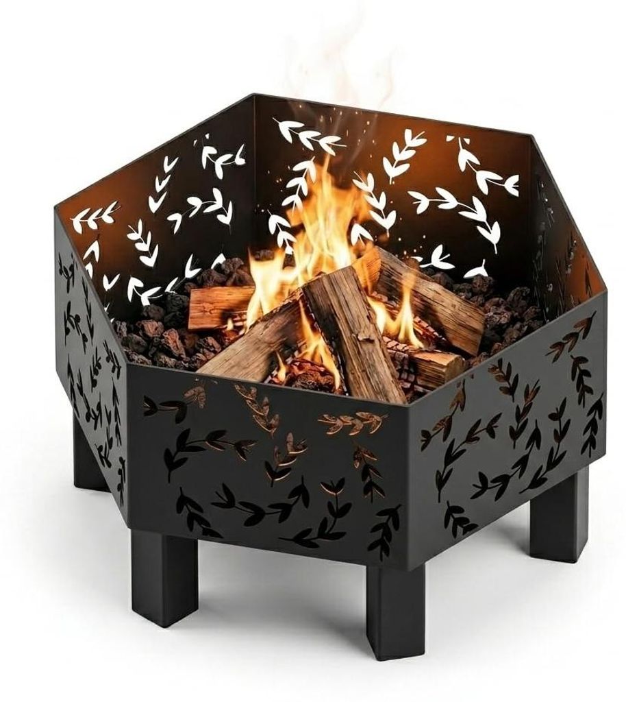 MetaloPro Hexa Farn Feuerschale sechseckig – Feuerstelle Garten 70 cm, 3 mm Stahl geschweißt, Lasercut Farn-Motiv, schwarz pulverbeschichtet, EU...
