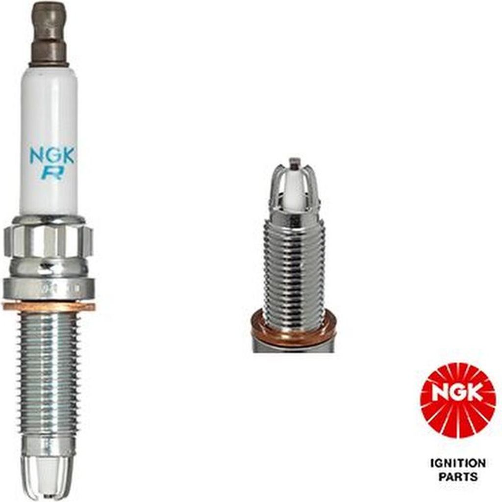 A product shot of a spark plug and a close-up of its tip, with the brand logo.