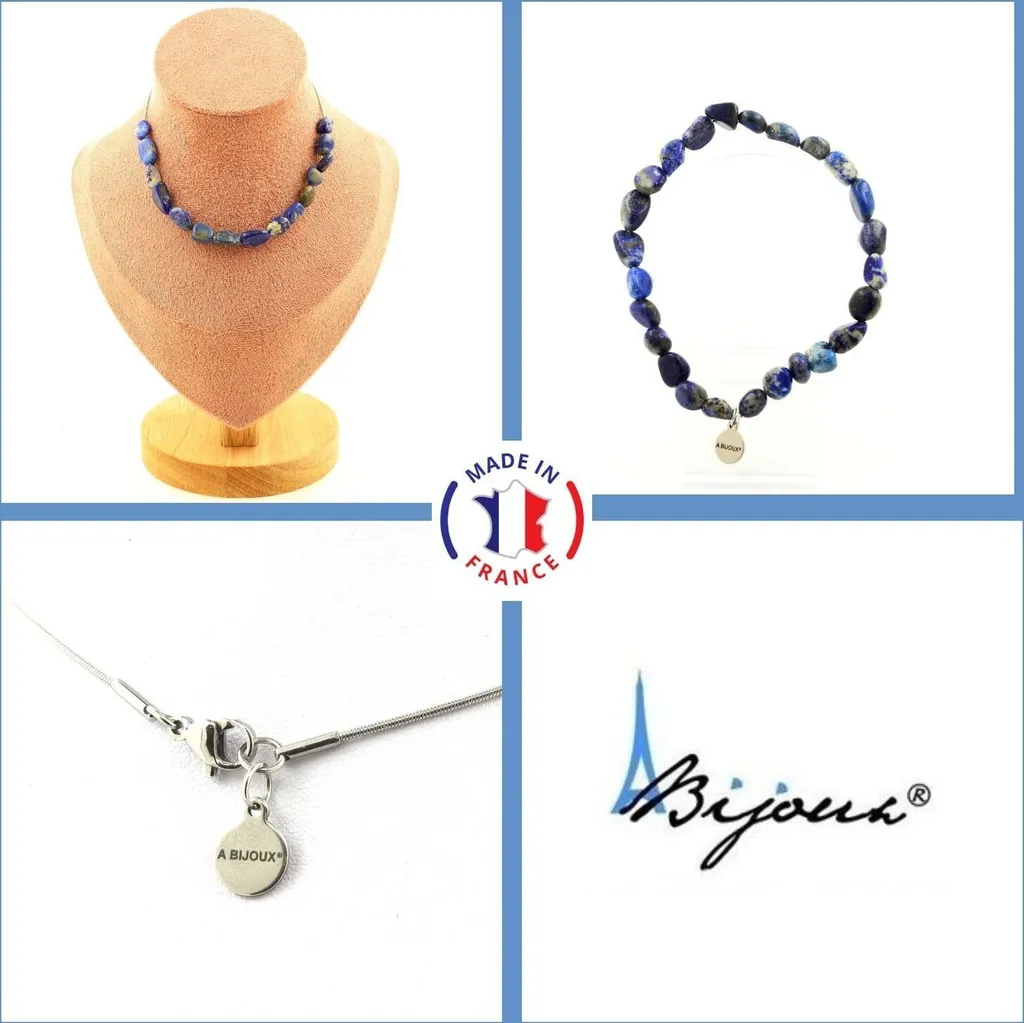 Parure Bijoux Lapis-lazuli du Pakistan 15 Perles et Acier Inoxydable